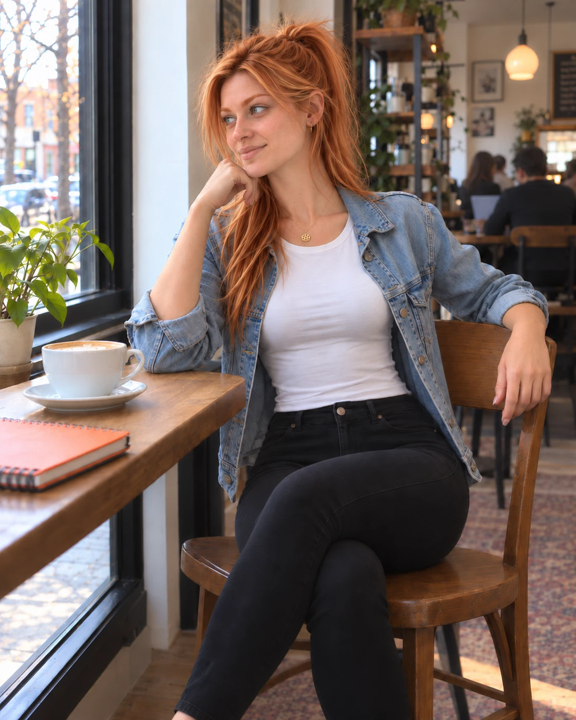 Nina en una cafetería, junto a la ventana, con café y cuaderno